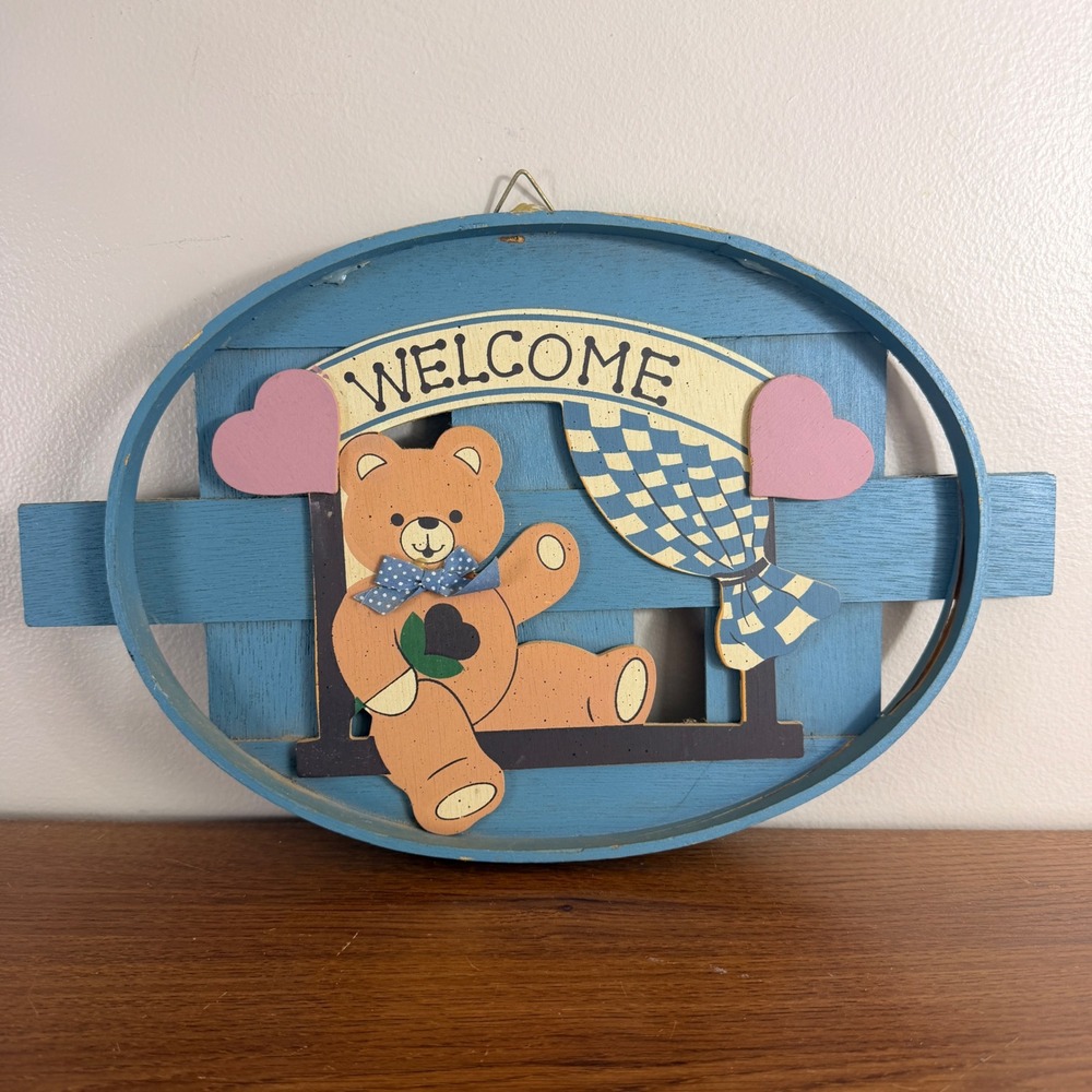 Vintage Teddy Bear Welcome Wood Wall Plaque 80s Country Primitive Cottage Decor
